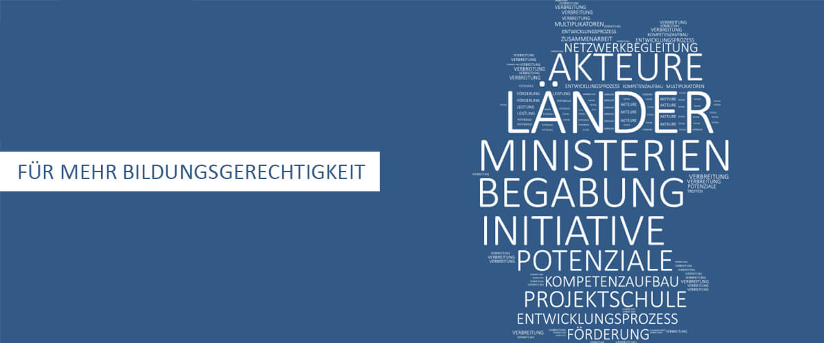 Eine Deutschlandkarte die sich aus Begriffen wie Begabung, Initiative und Förderung bildet.